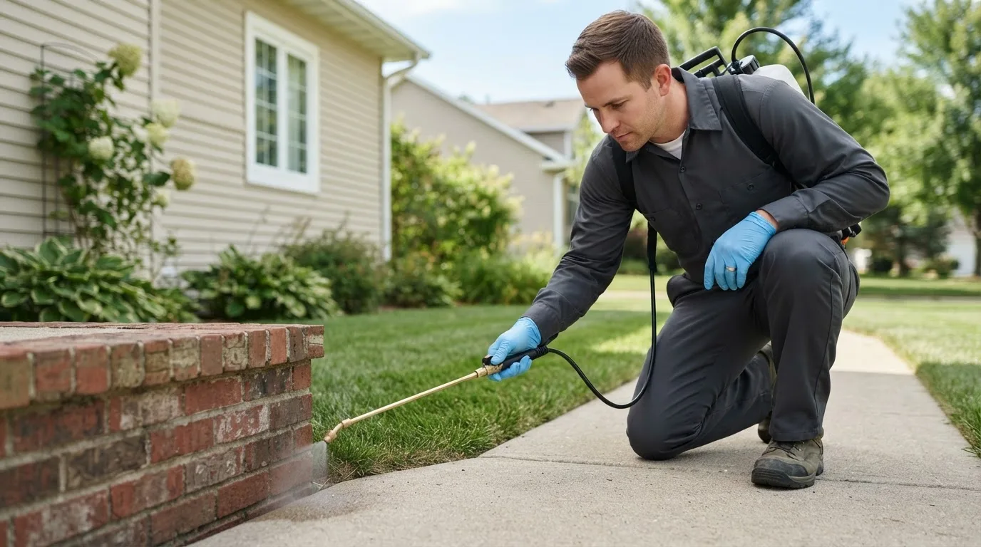 Pest control technician treating a home near Blue Hill, NE
